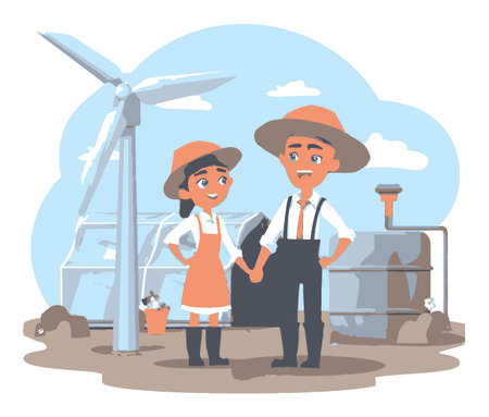 A cheerful cartoon illustration of a farmer couple standing hand in hand near a wind turbine and greenhouse, showcasing sustainable farming and renewable energy practices.のイラスト素材