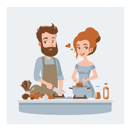 This vibrant illustration shows a couple happily cooking together in a modern kitchen, showcasing love and teamwork while preparing a meal.のイラスト素材