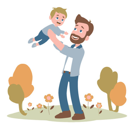 This vibrant cartoon illustration depicts a joyful father lifting his happy child in a playful outdoor setting. The colorful scene features flowers and trees, celebrating family love and bonding.のイラスト素材