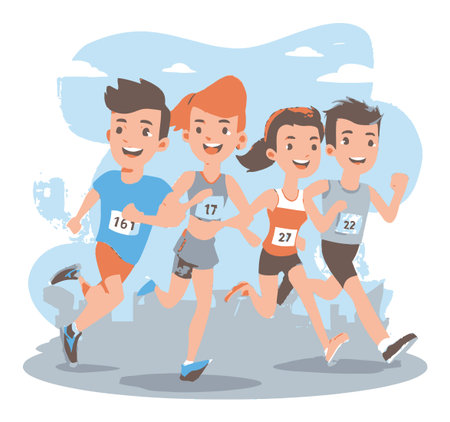 Vibrant cartoon illustration of four cheerful runners racing together in a friendly competition, showcasing energy, teamwork, and sporty spirit in a lively outdoor setting.のイラスト素材