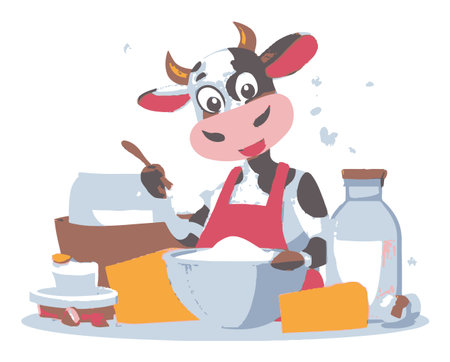 A delightful cartoon cow character joyfully cooks in a colorful kitchen, using fresh ingredients like cheese and milk. Perfect for food-related themes!のイラスト素材