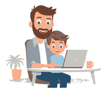 A charming illustration of a father and son joyfully engaging with a laptop at home, showcasing their strong bond and the warmth of family time together.のイラスト素材