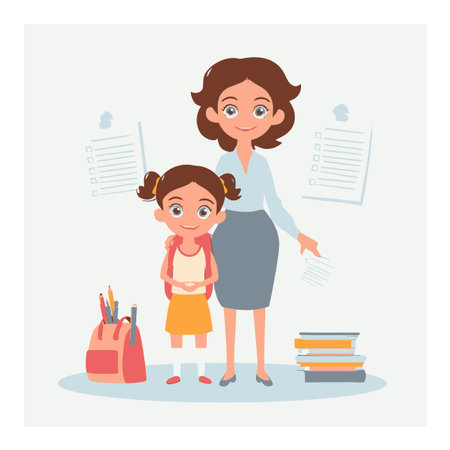 This vibrant cartoon image depicts a caring mother and her daughter, showcasing their love for education with school supplies and a warm smile.のイラスト素材