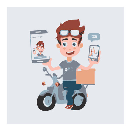 Fun cartoon illustration of a delivery person on a scooter holding smartphones, showcasing technology and modern communication in a playful design.のイラスト素材