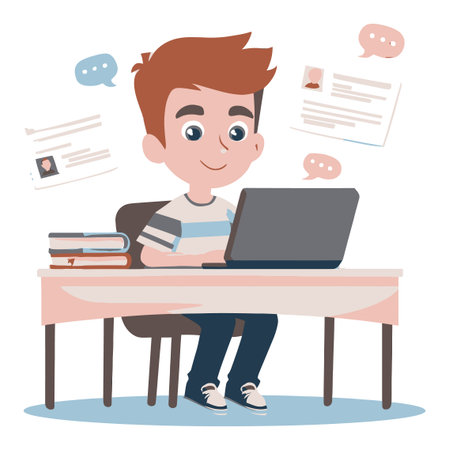A cheerful cartoon boy sits at a desk working on a laptop, surrounded by message bubbles and books. This vector illustration captures the essence of modern education and communication.のイラスト素材
