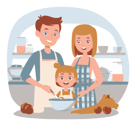 A joyful cartoon illustration of a family cooking together in a modern kitchen, showcasing a delightful moment of bonding, laughter, and culinary creativity.のイラスト素材
