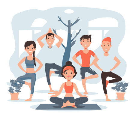A vibrant cartoon illustration showcasing a diverse group practicing yoga indoors, highlighting balance, wellness, and community in a peaceful setting.のイラスト素材