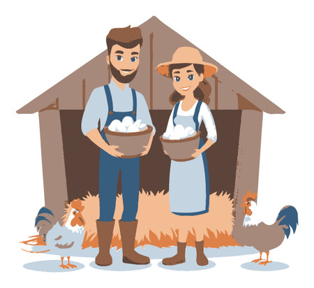 Charming cartoon illustration of farmers holding baskets of eggs outside a barn, surrounded by happy chickens. Perfect for farm-themed projects.のイラスト素材