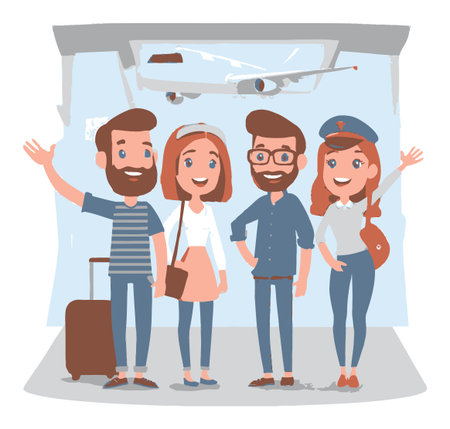 A vibrant cartoon illustration of four joyful characters at an airport terminal, ready for their travel adventure. The cheerful expressions and lively backdrop depict excitement and warmth.のイラスト素材