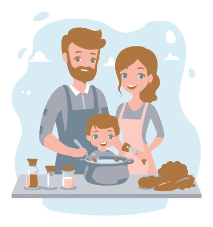 This cheerful vector illustration shows a happy family cooking together in the kitchen, emphasizing the joy of meal preparation and togetherness.のイラスト素材