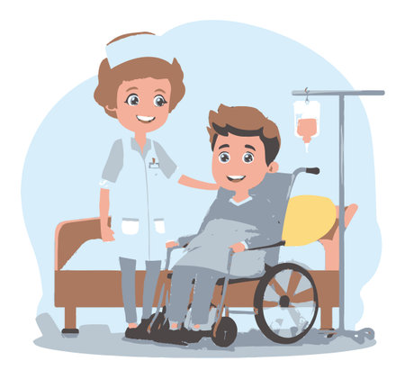 A cheerful cartoon illustration featuring a friendly nurse providing care to a young patient in a wheelchair in a hospital setting. The scene conveys compassion and support.のイラスト素材