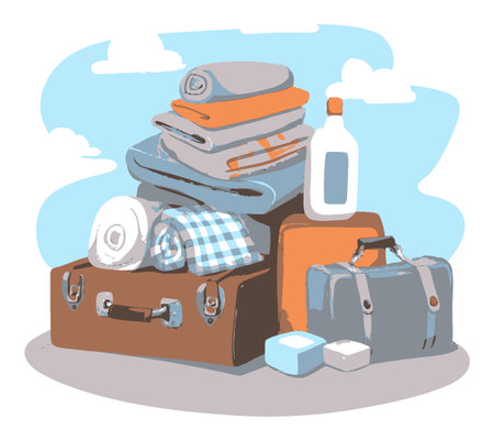 A vibrant cartoon vector illustration featuring stacked luggage and travel essentials, perfect for vacation-themed designs, travel blogs, or packing guides.のイラスト素材