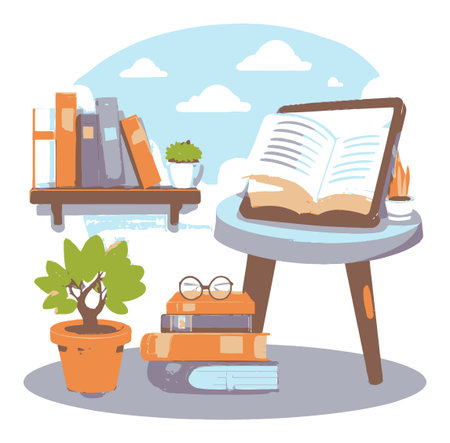 Delight in this whimsical illustration of a cozy study space featuring books, a plant, and a digital tablet, perfect for inspiring creativity and relaxation.のイラスト素材