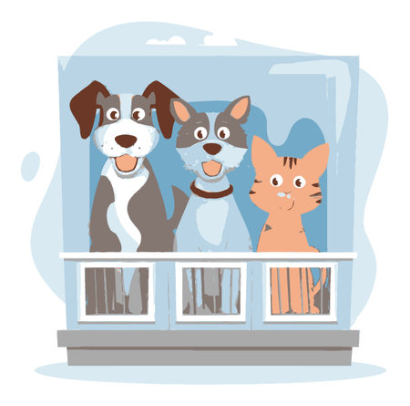 Charming vector illustration showcases three happy pets, two dogs and a cat, peeking from a house window, perfect for pet-themed designs or marketing.のイラスト素材