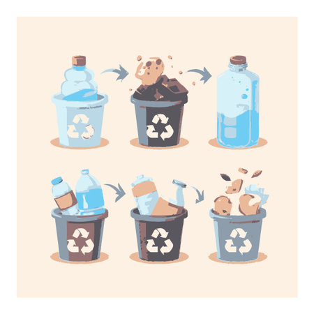 Fun and colorful vector illustration depicting various recycling processes for waste, showcasing items like plastic bottles, food waste, and reusable containers.のイラスト素材
