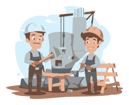 Fun cartoon illustration of two characters working in construction, showcasing teamwork and creativity. They use tools in a lively construction scene.のイラスト素材