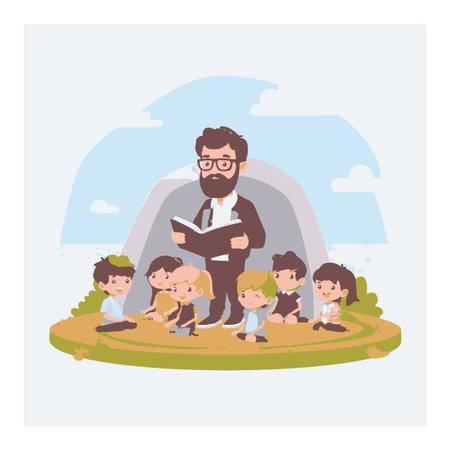 A vibrant vector cartoon illustrating a storyteller engaged with children in a cozy outdoor setting. The scene exudes creativity and joy.のイラスト素材