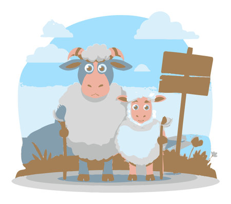 Cute cartoon sheep characters stand together in a pleasant outdoor setting, featuring a blank sign post. A charming scene with fluffy details and a whimsical background.のイラスト素材