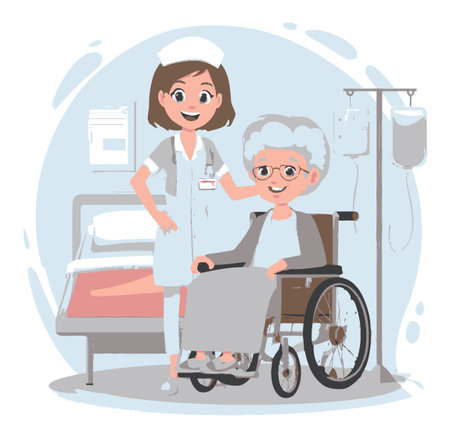 This illustration features a cheerful nurse assisting a senior patient in a wheelchair within a hospital setting, promoting health and care in a friendly atmosphere.のイラスト素材