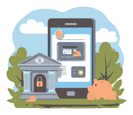 A vibrant vector illustration showing a smartphone displaying digital banking features next to a bank building and a piggy bank surrounded by greenery.のイラスト素材