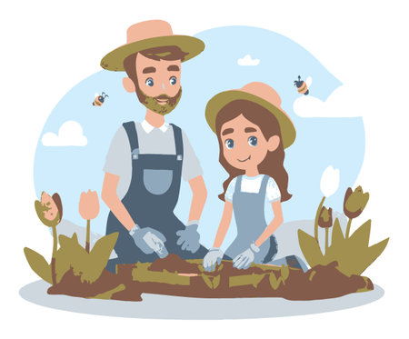 A delightful cartoon showing a farmer and child planting in a garden surrounded by flowers and buzzing bees, capturing the joy of gardening and nature.のイラスト素材