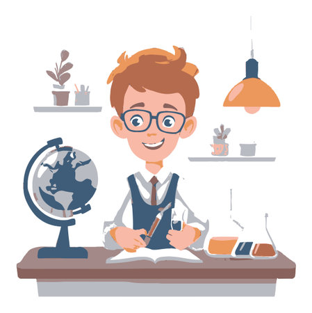 Cartoon illustration of a cheerful boy scientist at a desk with a globe and lab equipment. Ideal for educational materials depicting science and exploration.のイラスト素材