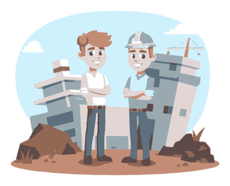 This vibrant vector illustration features two cheerful cartoon construction workers standing confidently in front of a building site, symbolizing teamwork and professionalism.のイラスト素材