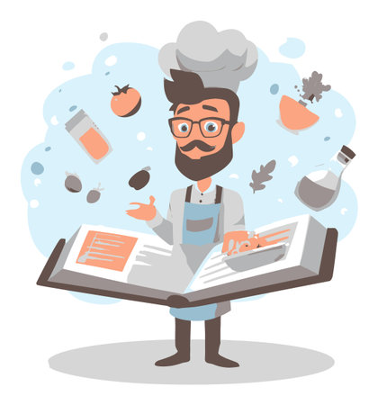 Delightful cartoon chef with a cooking book surrounded by flying ingredients, capturing the joy of culinary creativity and education in a fun vector illustration.のイラスト素材