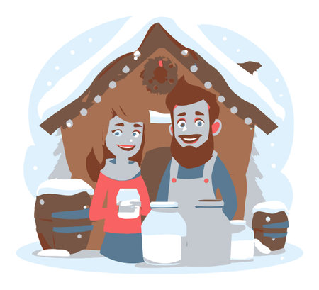 This cheerful cartoon illustration features a smiling couple holding milk jars in a snowy winter landscape. Perfect for festive themes.のイラスト素材