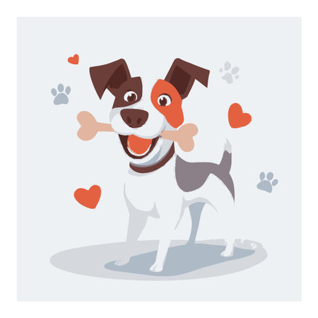 This charming vector illustration features a happy cartoon dog joyfully holding a bone, surrounded by hearts and paw prints. Perfect for pet lovers!のイラスト素材