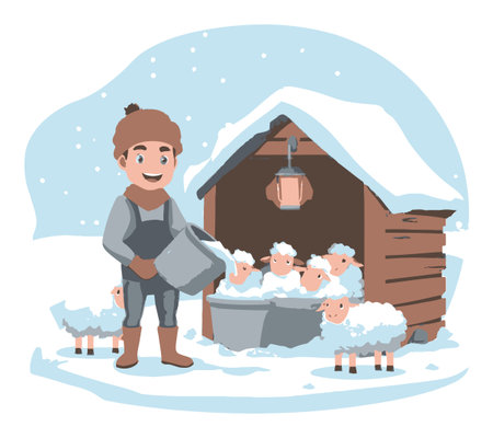 A whimsical cartoon illustration of a young shepherd feeding fluffy sheep in a snowy winter landscape. The scene captures a cheerful rural moment with a cozy barn.のイラスト素材
