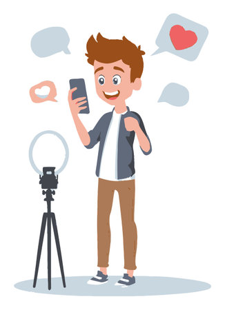 A vibrant cartoon character joyfully taking a selfie with a smartphone, standing beside a ring light. Perfect for social media and photography themes.のイラスト素材