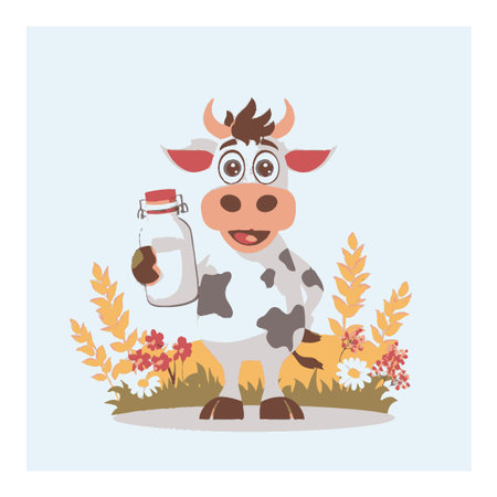 This charming cartoon cow holds a milk bottle and stands in a colorful floral setting. Perfect for dairy themes, farm illustrations, or playful designs.のイラスト素材