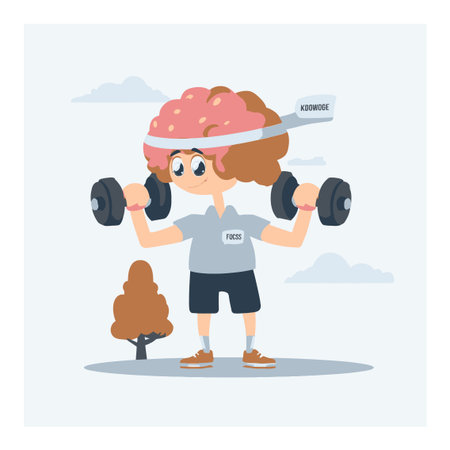 Whimsical vector illustration of a focused cartoon character lifting dumbbells, celebrating fitness and strength surrounded by a playful outdoor setting with trees.のイラスト素材