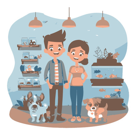 This charming vector illustration features a happy couple surrounded by pets in a colorful pet store, showcasing the joy of pet ownership and companionship.のイラスト素材