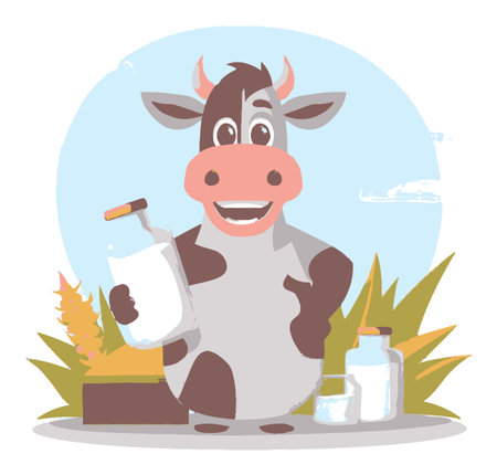 A cheerful cartoon cow stands happily holding a milk bottle in a vibrant farm environment. This playful illustration captures the essence of dairy fun and wholesome farming life.のイラスト素材