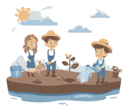 This charming cartoon vector features three children happily farming on an island. They engage with nature, watering plants and harvesting crops, under a bright sun and fluffy clouds.のイラスト素材