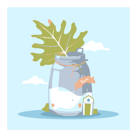A whimsical cartoon illustration featuring a jar filled with milk and a large leaf, accompanied by a small farm house, set against a bright blue sky.のイラスト素材