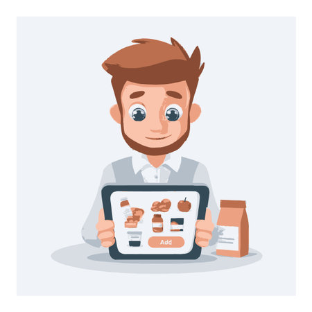 A cheerful young man engages with a tablet to manage his grocery shopping. This vector cartoon illustration showcases modern technology's role in everyday food management.のイラスト素材