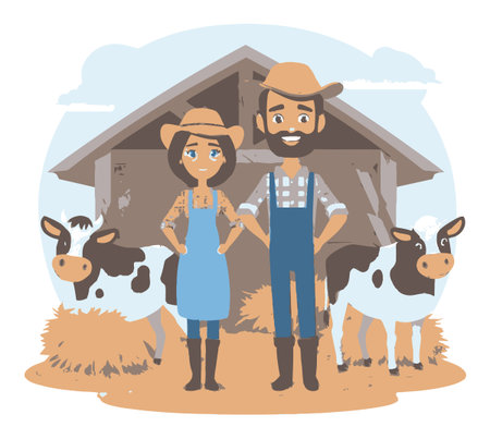This charming cartoon-style illustration features a friendly couple of farmers standing in front of a barn with cows. Perfect for farm or rural-themed projects!のイラスト素材