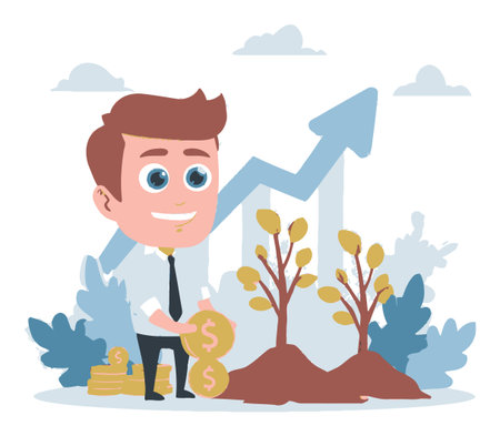A cheerful cartoon businessman holds coins while standing beside growing plants, symbolizing financial growth and investment in a vibrant vector style.のイラスト素材