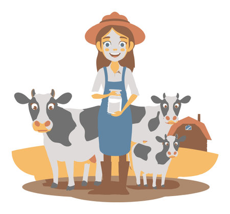 This cartoon vector illustration features a young girl farmer smiling with cows on her farm, showcasing a cheerful farming scene filled with joy and nature.のイラスト素材