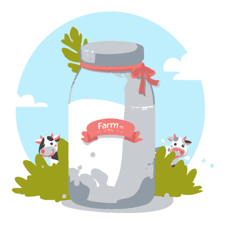 This delightful vector illustration features a charming farm jar, cows, and greenery, creating a cheerful and playful farm scene ideal for various designs.のイラスト素材