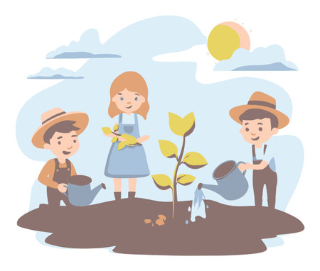 A delightful cartoon illustration depicting cheerful children engaged in planting and watering a young seedling, promoting the joys of gardening and teamwork.のイラスト素材