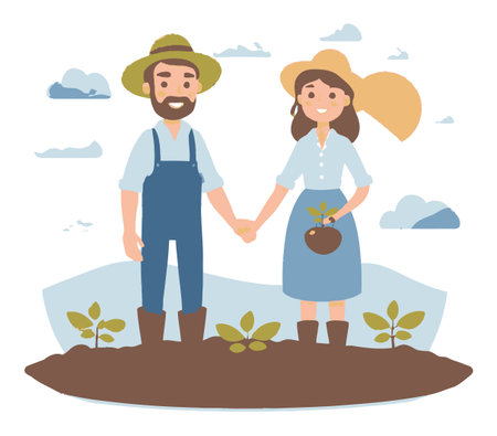 This delightful cartoon illustration features a happy couple of farmers holding hands, surrounded by lush plants and a clear sky, embodying love for agriculture.のイラスト素材