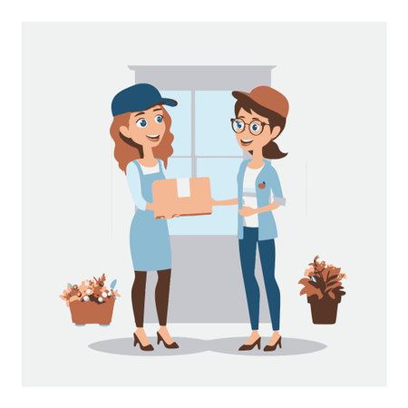 This vector cartoon illustration features two cheerful women exchanging a package indoors amidst decorative plants, highlighting friendly delivery service and customer interaction.のイラスト素材