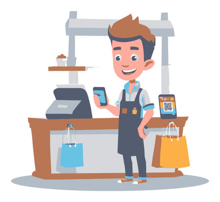 A cheerful cartoon character stands at a modern retail checkout counter, holding a smartphone and smiling. Colorful bags adorn the counter in a vibrant scene.のイラスト素材