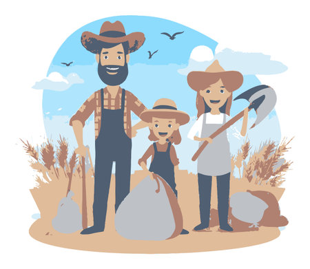 Cheerful cartoon family represents unity and agriculture, showcasing a father, mother, and child working together in nature with farming tools.のイラスト素材