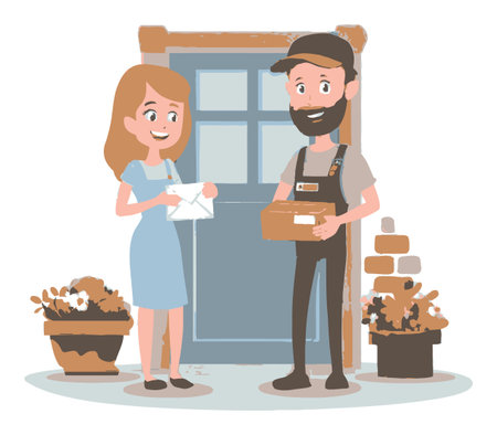 Cheerful cartoon scene of a delivery interaction featuring a courier and a happy customer exchanging a letter and package at the doorstep.のイラスト素材