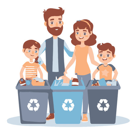 A cheerful cartoon family engages in recycling activities, sorting waste into bins. This illustration promotes eco-friendly practices and family teamwork in sustainability efforts.のイラスト素材